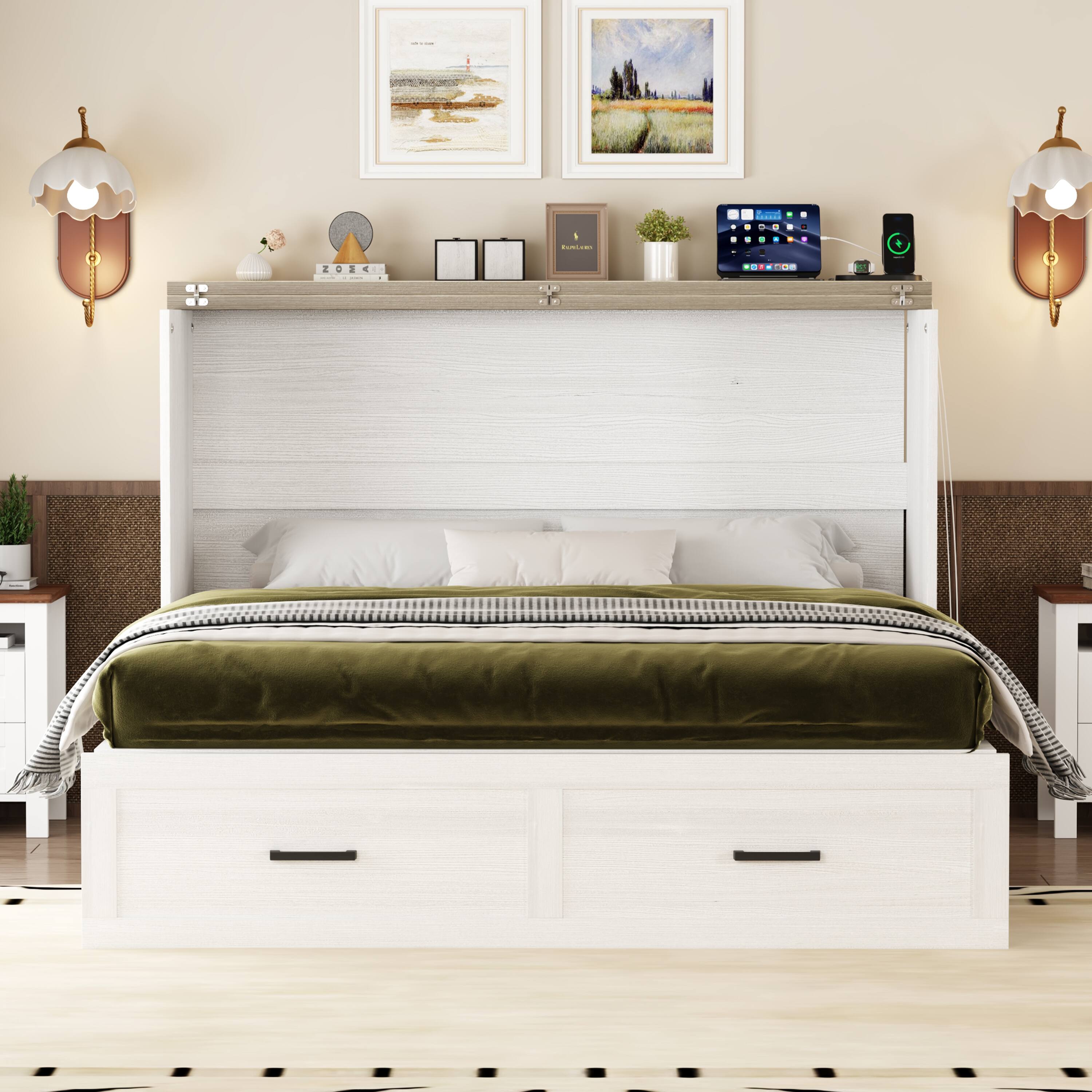Left. Tiramisubest - Queen Size Murphy Cabinet Bed with Charging Station, Foldable Platform Bed with Large Storage Drawer, White - White.