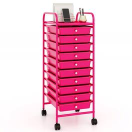 Pefilos - 10 Drawer Rolling Storage Cart Organizer with 4 Universal Casters, Rose Red - Pink