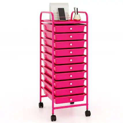 Front. Pefilos - 10 Drawer Rolling Storage Cart Organizer with 4 Universal Casters, Rose Red - Pink.