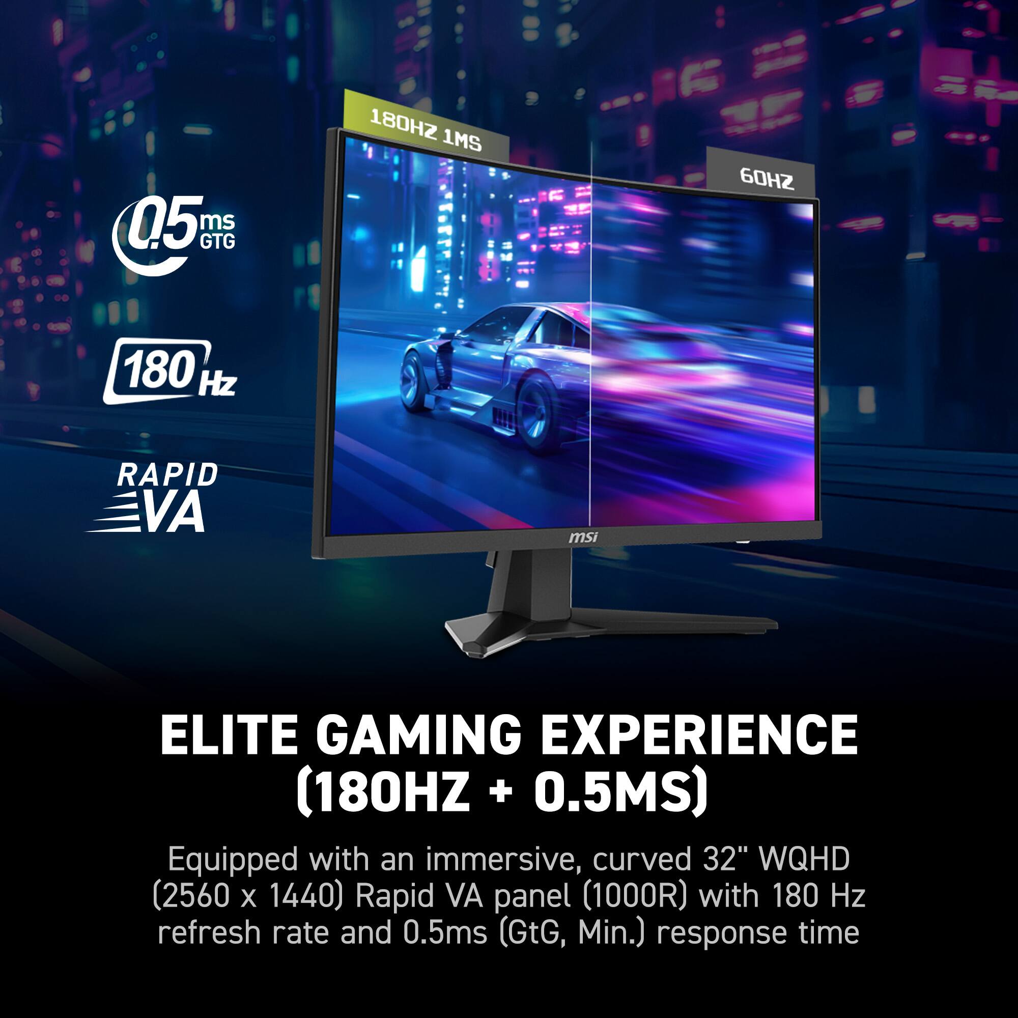 The text on the image is grouped and corrected as follows:

Elite Gaming Experience (180HZ + 0.5MS)
Equipped with an immersive, curved 32" WQHD (2560 X 1440) Rapid VA panel (1000R) with 180 Hz refresh rate and 0.5ms (GtG, Min.) response time.