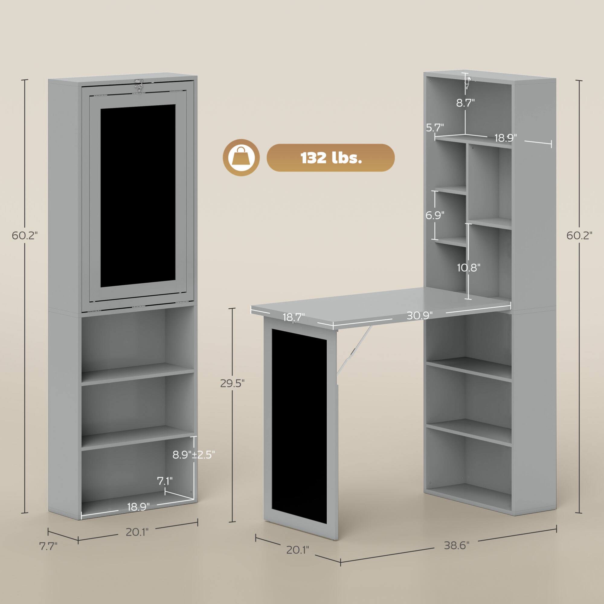 Sure, here is the corrected and grouped text:

- **Dimensions:**
  - 8.7" x 132 lbs.
  - 5.7" x 18.9"
  - 6.9" x 60.2"
  - 10.8" x 18.7"
  - 30.9" x 29.5"
  - 8.9" + 2.5" x 7.1" x 18.9"
  - 7.7" x 20.1" x 20.1"
  - 38.6"

- **Weight:**
  - 132 lbs.