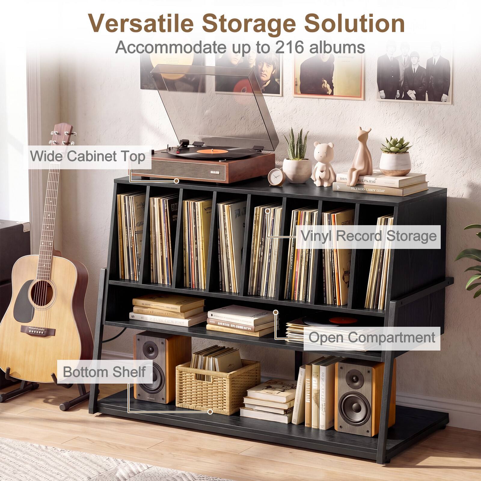 Versatile Storage Solution Accommodate up to 216 albums Wide Cabinet Top - Vinyl Record Storage - Bottom Shelf - Open Compartment
