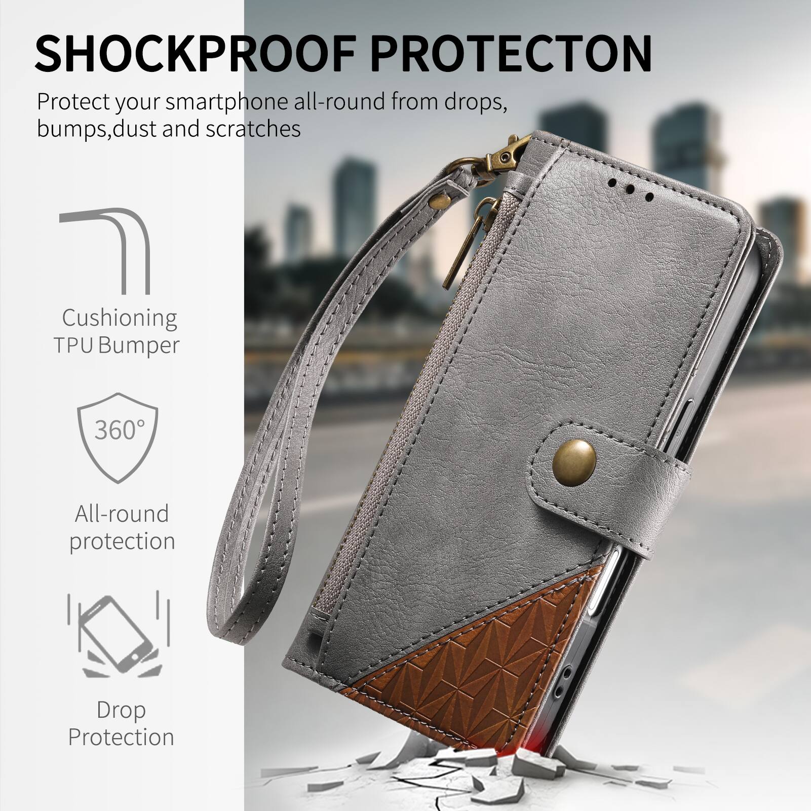 SHOCKPROOF PROTECTON  
Protect your smartphone all-round from drops, bumps, dust and scratches  

Cushioning TPU Bumper  
360° All-round protection  
Drop Protection