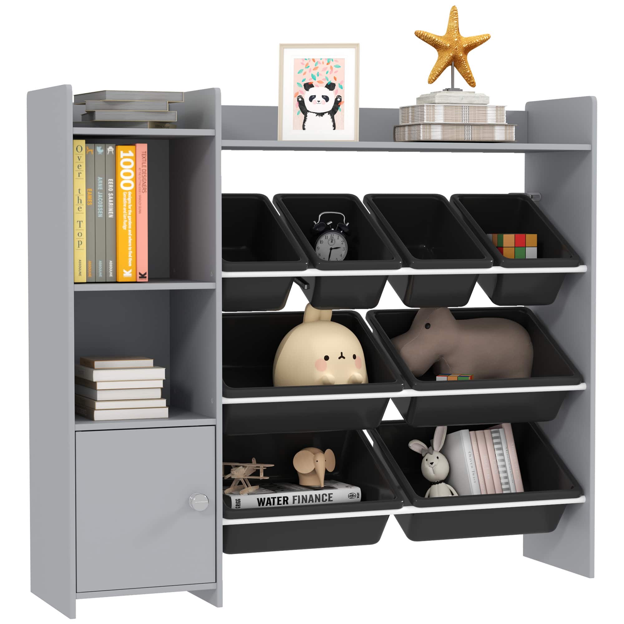 Qaba - Toy Storage Organizer, Toy Organizer with 8 Bins, 2 Storage Cubbies, Shelf, Cabinet, Kids Bookshelf for Bedroom - Gray