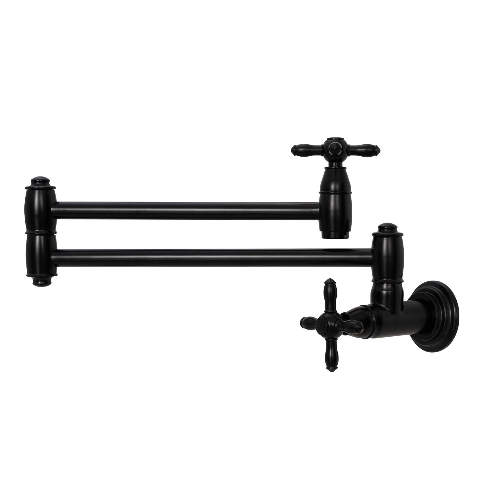 Front. Akicon - Akicon Solid Brass Wall Mount Pot Filler Kitchen Faucet with Double Joint Swing Arms for Stovetop in Matte Black - Matte Black.