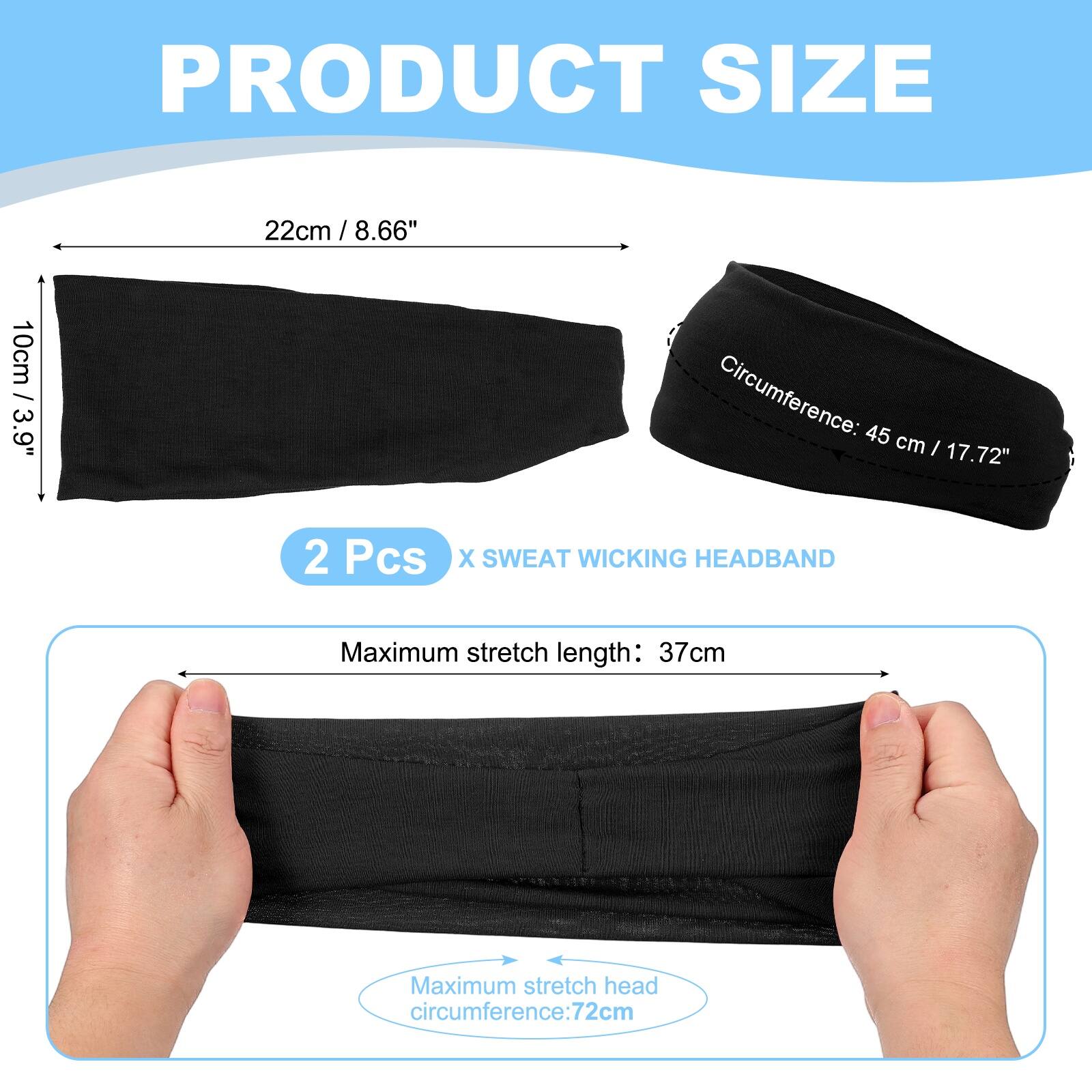 PRODUCT SIZE

22cm / 8.66"  
10cm / 3.9"  
Circumference: 45 cm / 17.72"  

2 Pcs X SWEAT WICKING HEADBAND  

Maximum stretch length: 37cm  
Maximum stretch head circumference: 72cm