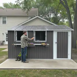 Anysun - 12x10 FT Outdoor Metal Storage Shed with 3 Clear Windows & Decorative Flower Rack – Lockable Single Door, Heavy Duty - Gray