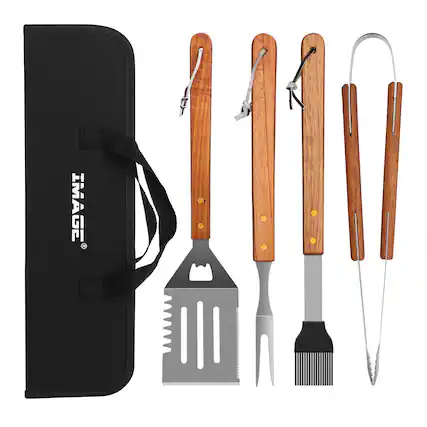 Front. IMAGE - 4Pcs Stainless Steel BBQ Grill Tool Set - Wood.