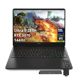HP OMEN - 16 Slim 16" Gaming Laptop,Intel Ultra 9 285H,GeForce RTX 5070,32GB RAM,1TB SSD+1TB Dock Set,Backlit,Win 11 - Black