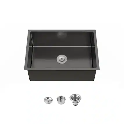 Front. Siljoy - Stainless Steel Kitchen Sink, 27″x19″ Single Bowl, Undermount Handmade Sink in Black, with US Standard Drain and Hook - Black.