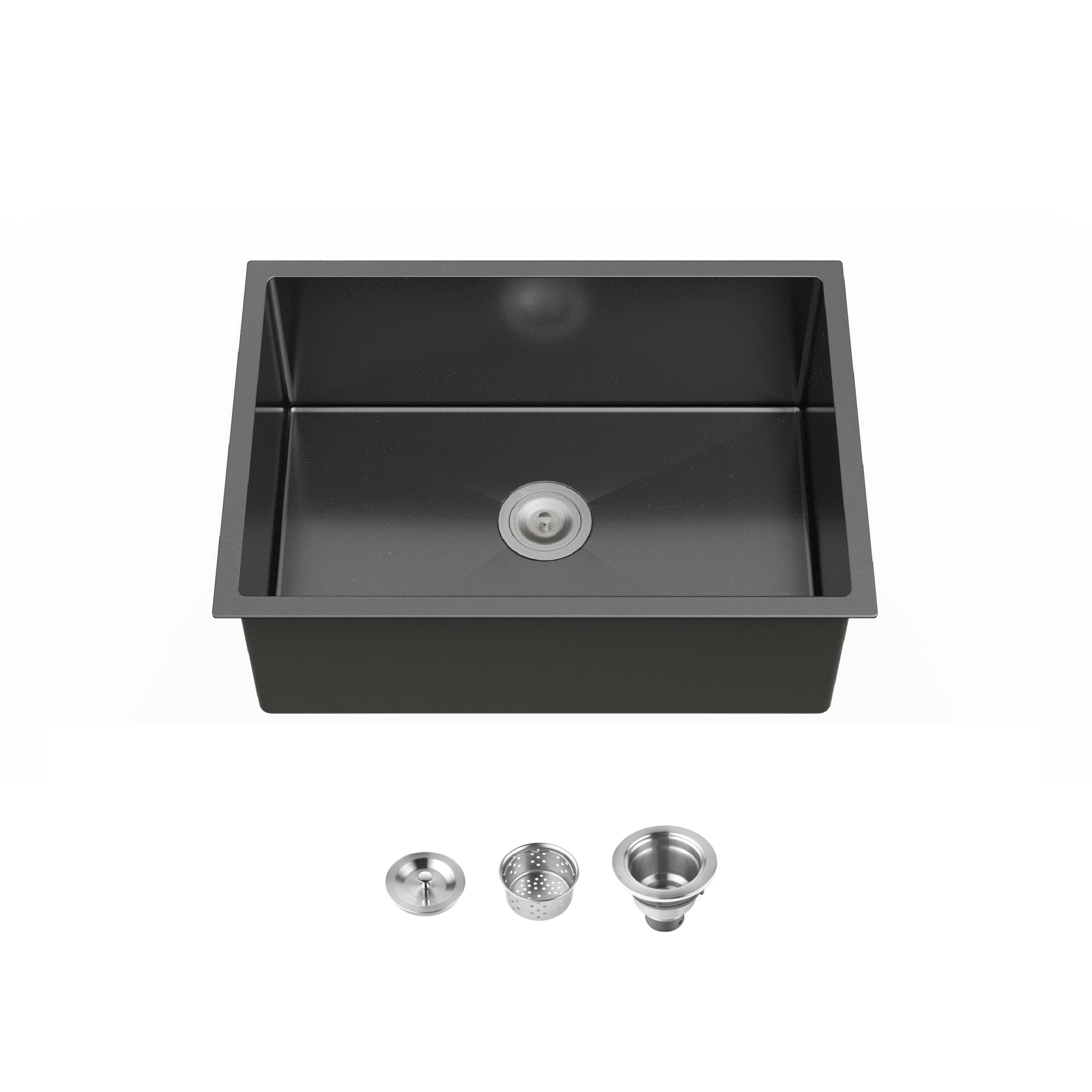 Front. Siljoy - Stainless Steel Kitchen Sink, 27″x19″ Single Bowl, Undermount Handmade Sink in Black, with US Standard Drain and Hook - Black.