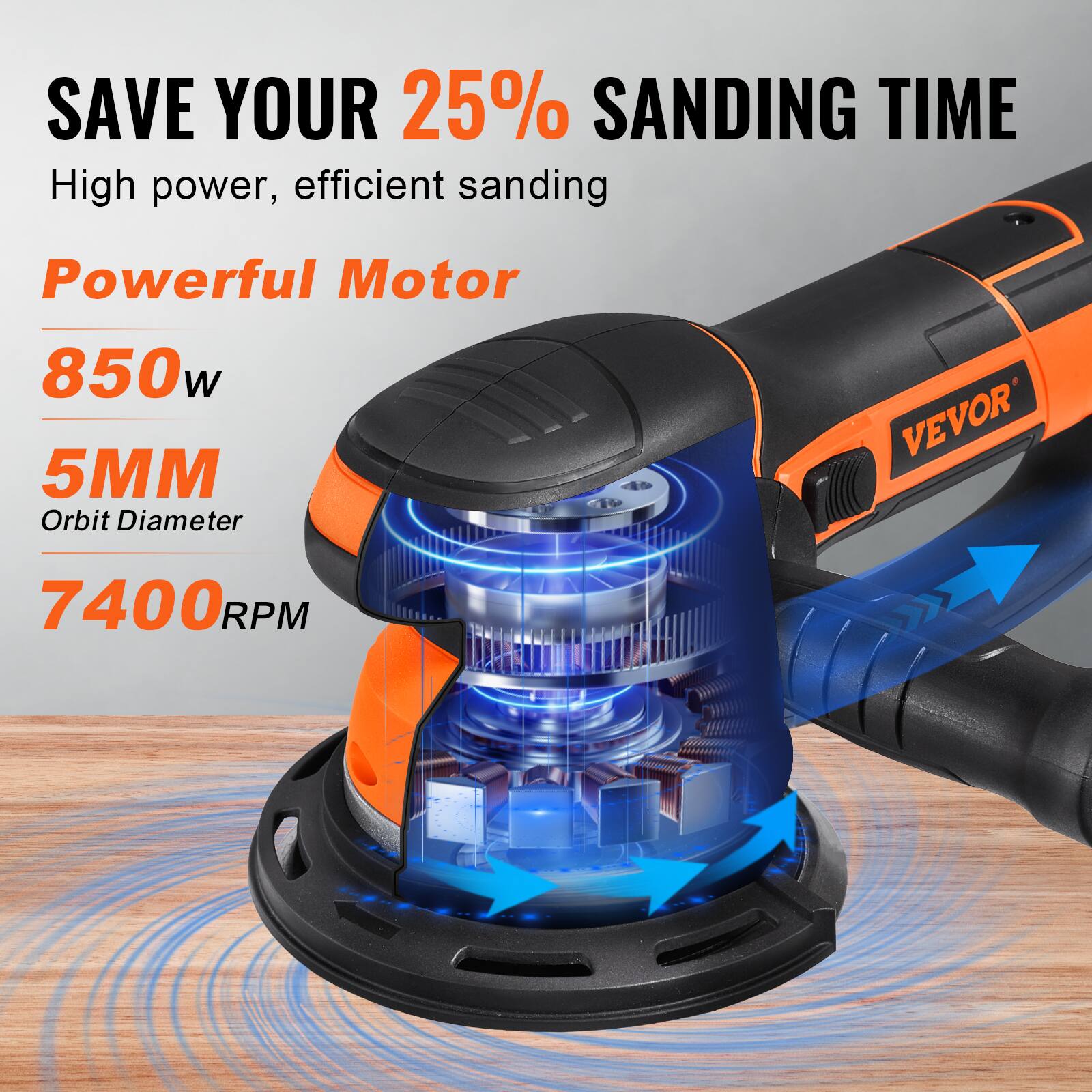 SAVE YOUR 25% SANDING TIME  
High power, efficient sanding  
Powerful Motor  
850w  
5MM Orbit Diameter  
7400 RPM