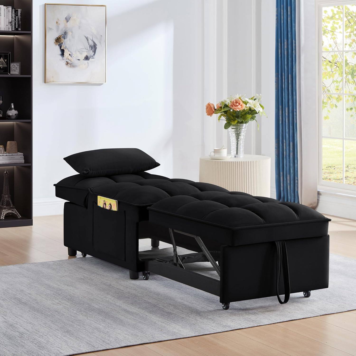 Alt View 4. Trinkets Crazed - 4 in1 Multi-Function Single Sofa Bed with Storage Pockets,Tufted Single Pull-out Sofa Bed W/ Adjustable Backrest - black.