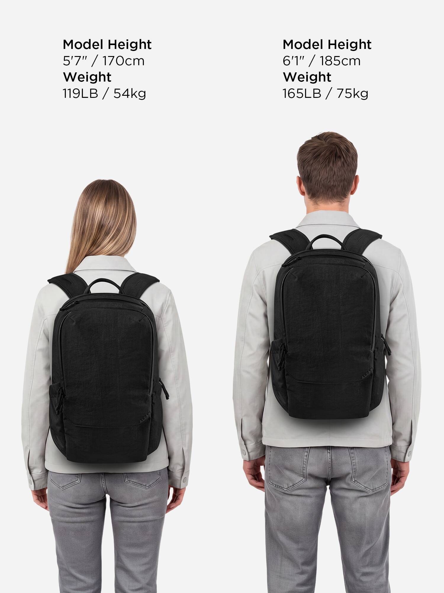 Model Height 5'7" / 170cm  
Weight 119LB / 54kg  

Model Height 6'1" / 185cm  
Weight 165LB / 75kg