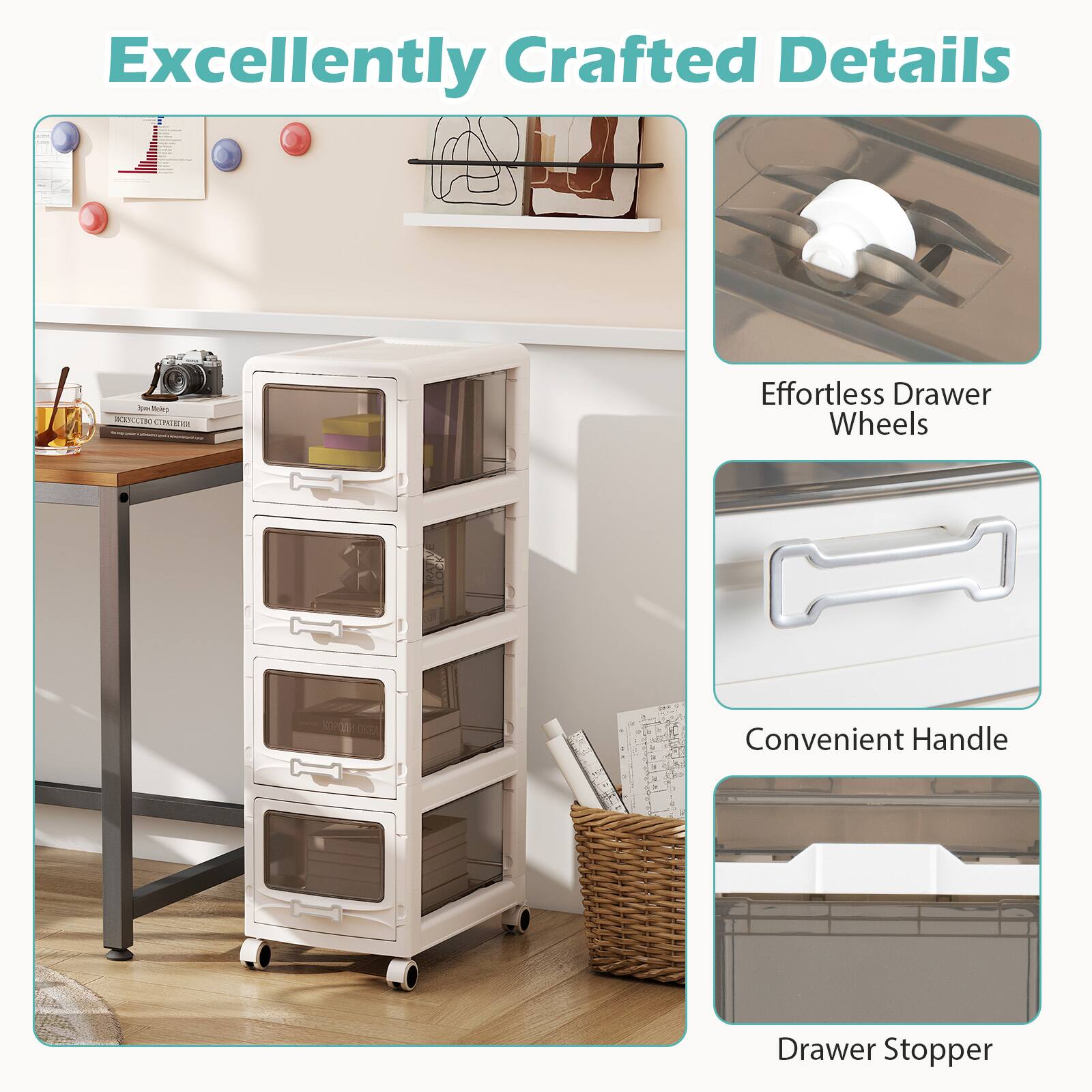Excellently Crafted Details

- Effortless Drawer Wheels
- Convenient Handle
- Drawer Stopper