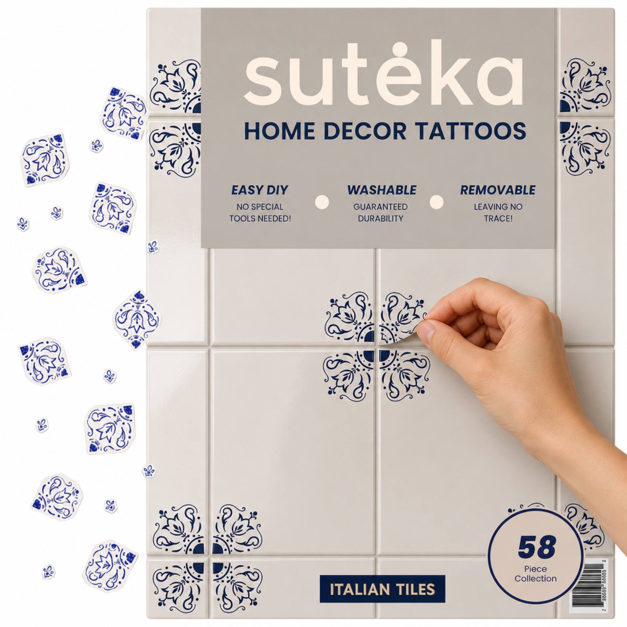 suteka HOME DECOR TATTOOS EASY DIY NO SPECIAL TOOLS NEEDED! WASHABLE REMOVABLE GUARANTEED LEAVING NO DURABILITY TRACE! ITALIAN TILES 58 Piece Collection