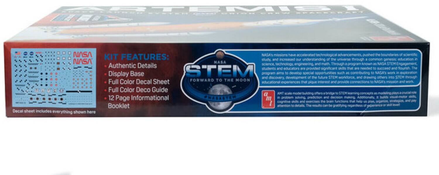 ARTEMIS NASA Decal sheet includes everything shown here NASA' have KIT FEATURES: Authentic Details, Display Base, Full Color Decal Sheet, Full Color Deco Guide, 12 Page Informational Booklet. STEM FORWARD TO THE MOON.