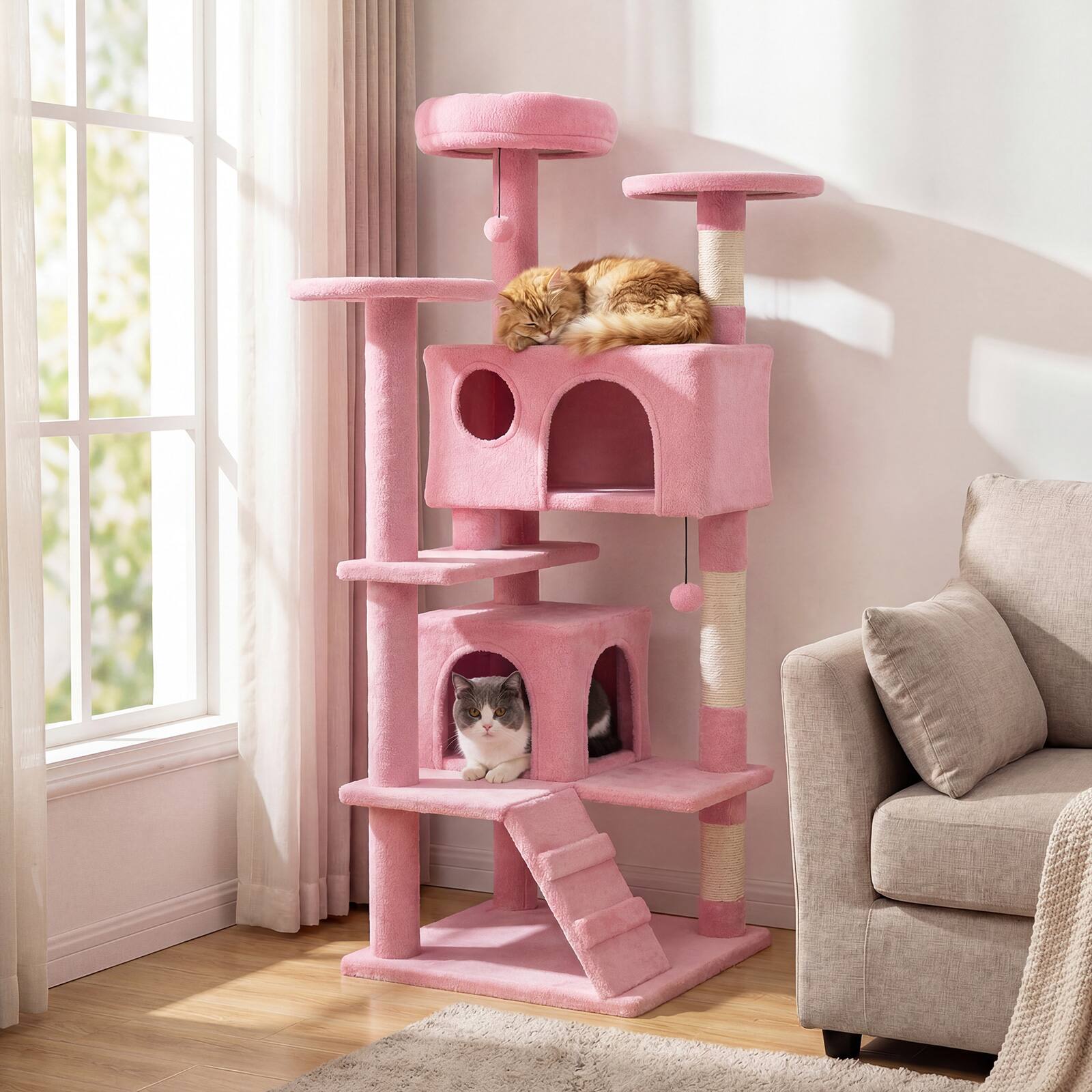 Alt View 1. Gymax - Gymax 52'' Tall Cat Tree Tower w/2 Condos Plush Padded Perch Sisal Scratching Posts Pink.