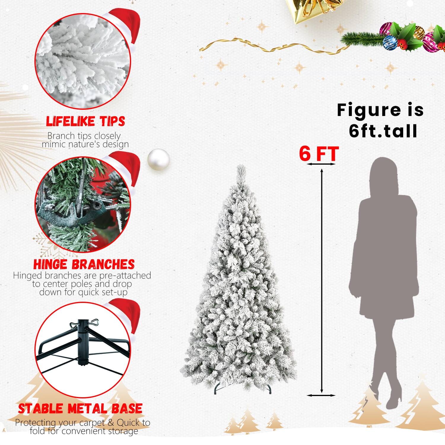 LIFELIKE TIPS  
Branch tips closely mimic nature's design  

HINGE BRANCHES  
Hinged branches are pre-attached to center poles and drop down for quick set-up  

STABLE METAL BASE  
Protecting your carpet & Quick to fold for convenient storage  

Figure is 6ft. tall