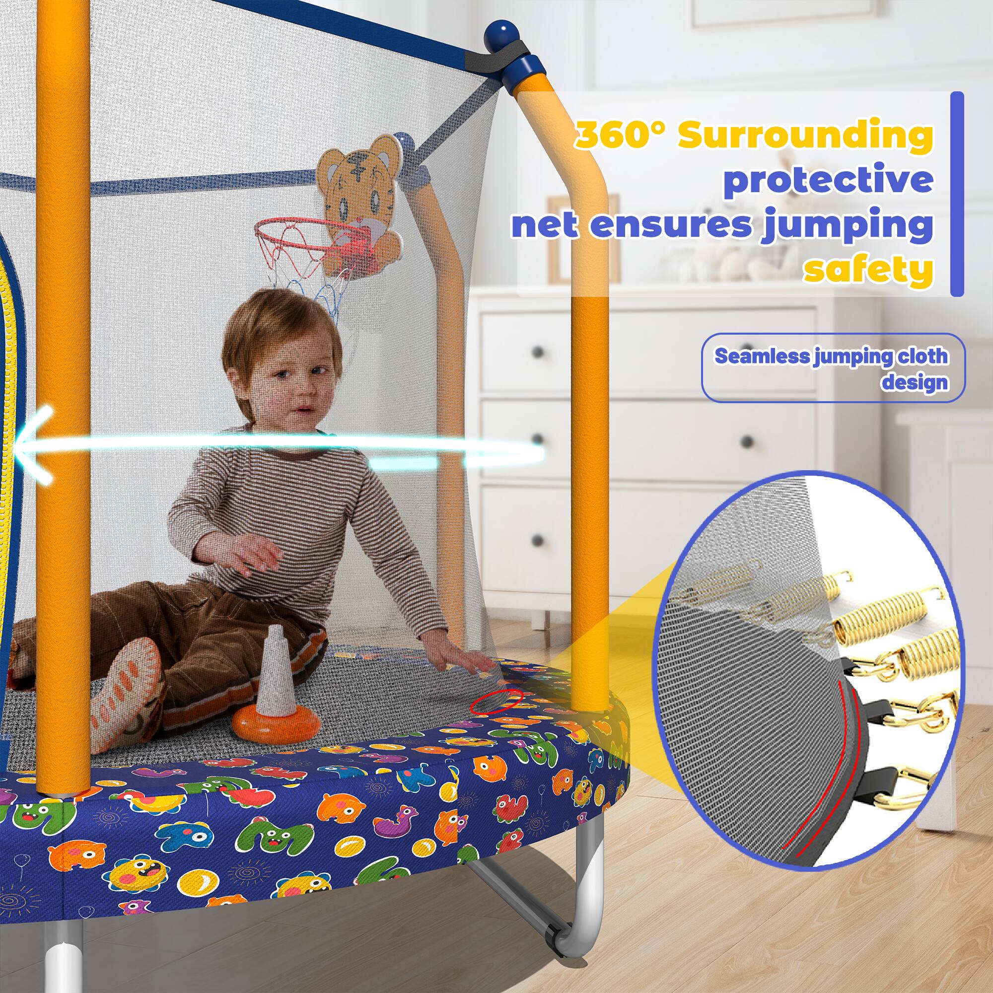 360° Surrounding protective net ensures jumping safety  
Seamless jumping cloth design