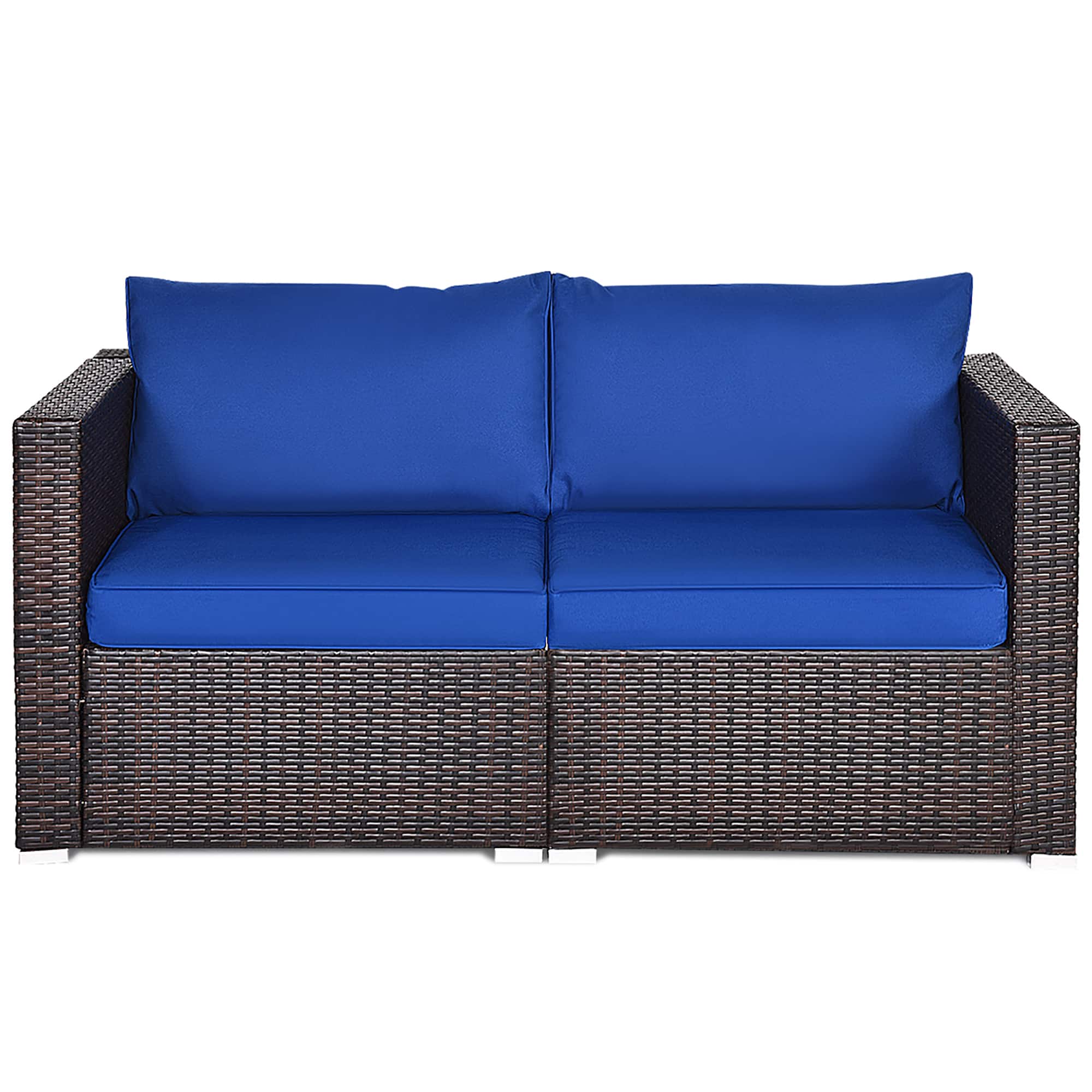 Costway - 2PCS Patio Rattan Corner Sofa Sectional Furniture Navy Cushion - blue & brown