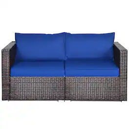 Costway - 2PCS Patio Rattan Corner Sofa Sectional Furniture Navy Cushion - blue & brown