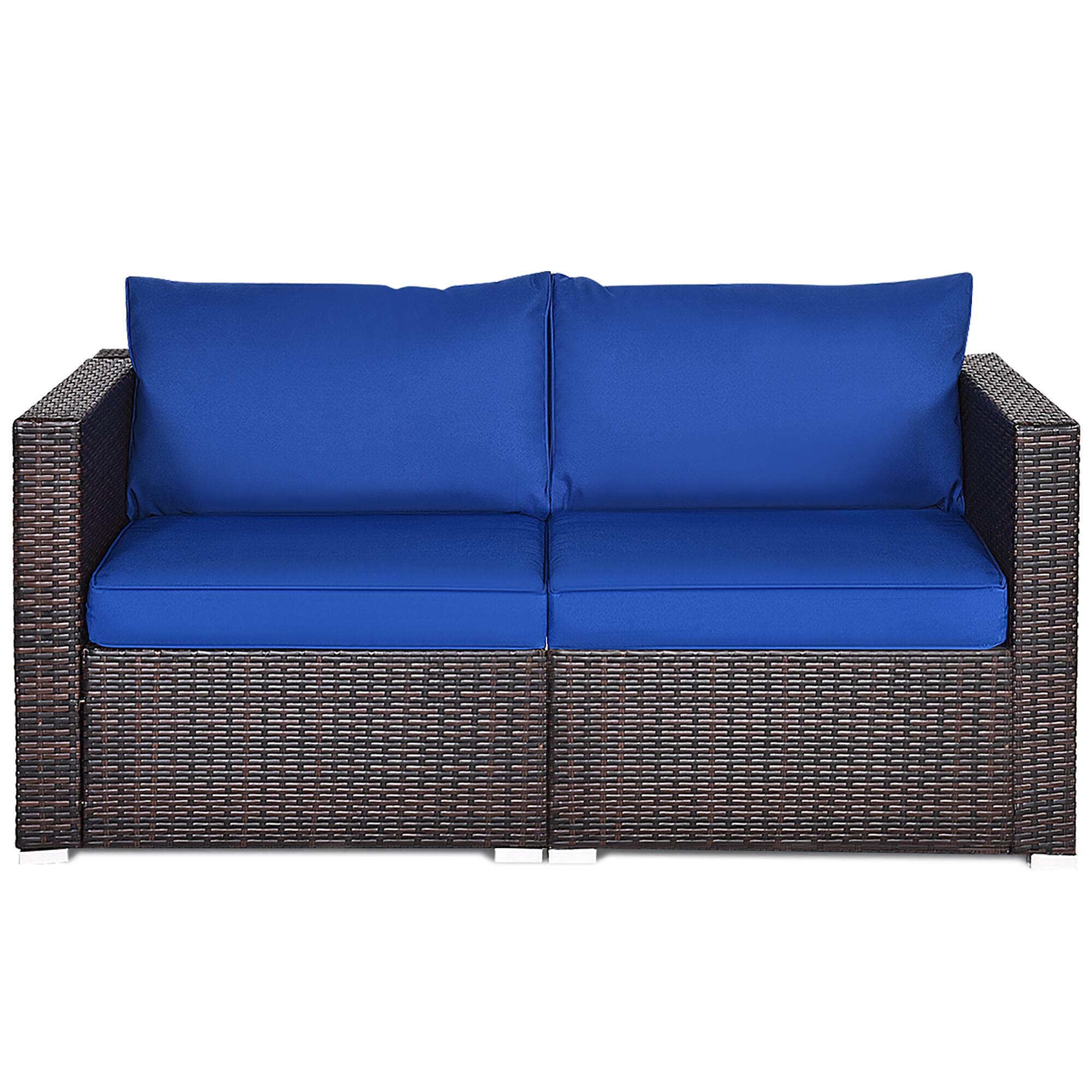 Front. Costway - Costway 2PCS Patio Rattan Corner Sofa Sectional Furniture Navy Cushion - blue & brown.