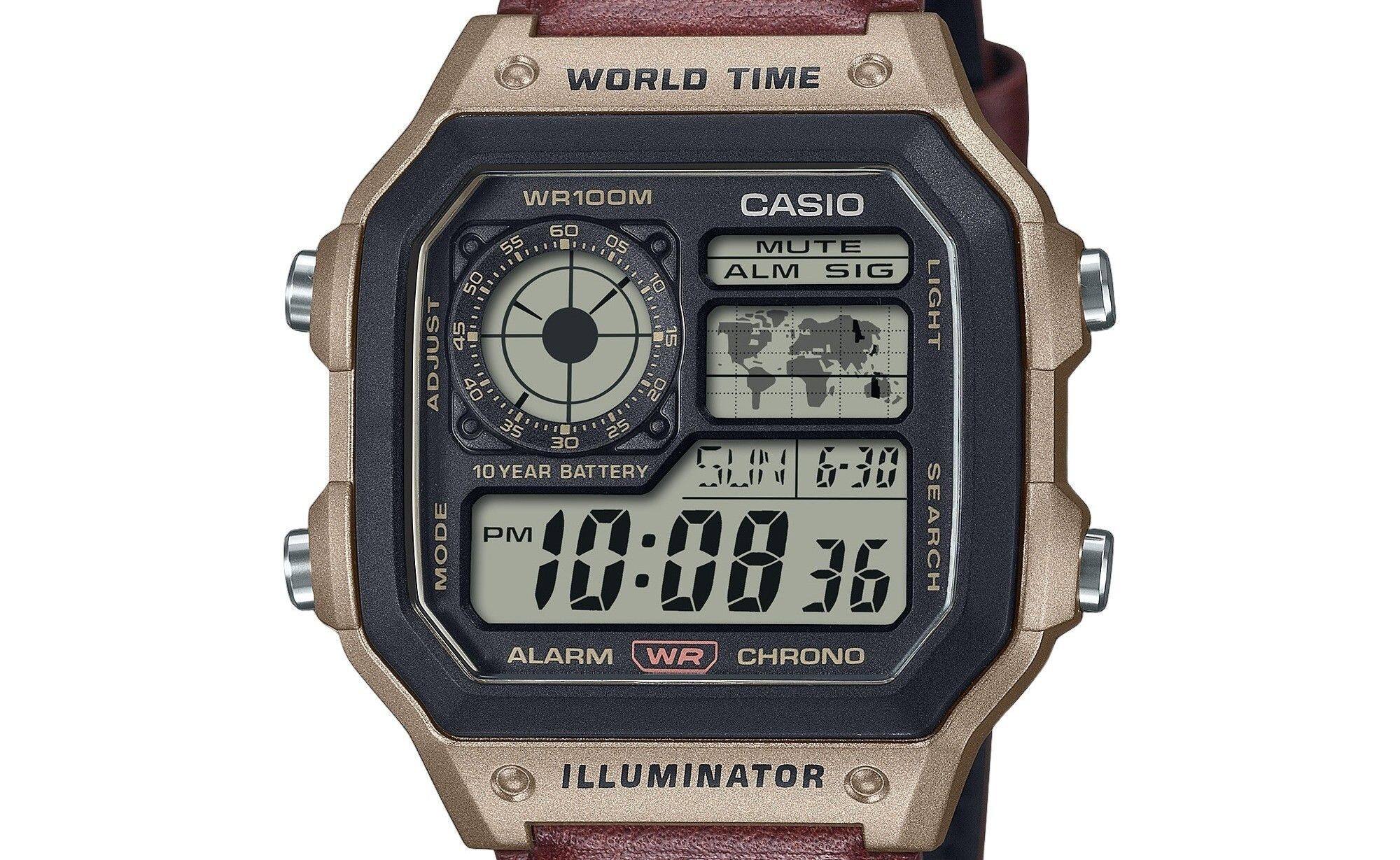 WORLD TIME  
WR100M  
CASIO  
60 55 05 MUTE ALM SIG  
50 10 45 5 LIGHT  
ADJUST 40 20 35 25 30 10  
YEAR BATTERY 5UN  
6-30  
MODE PM 10:08 36  
SEARCH ALARM WR CHRONO  
ILLUMINATOR