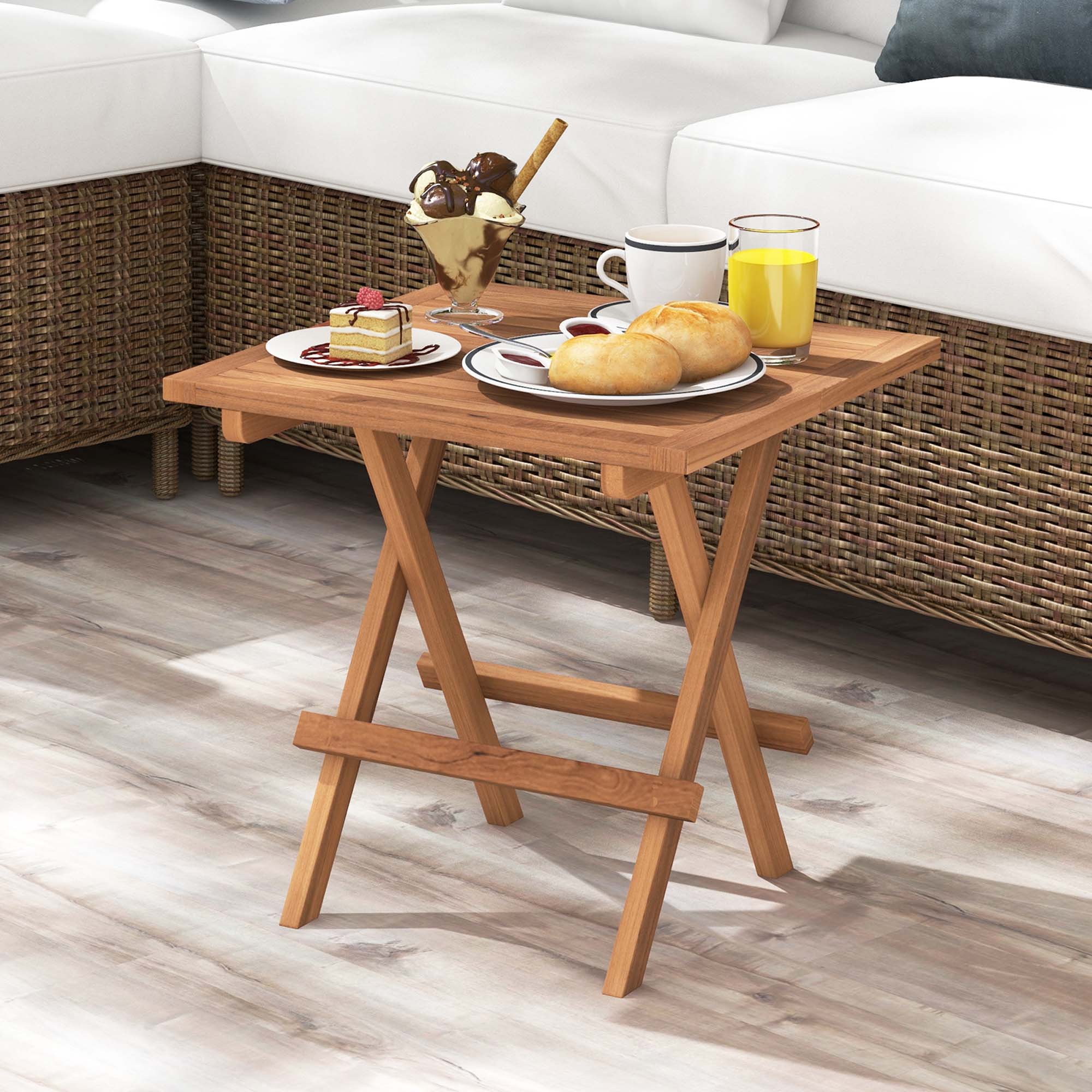 Alt View 1. Costway - Costway 2 PCS Patio Folding Side Table Indonesia Teak Wood Square Slatted Tabletop Portable Picnic - Natural.