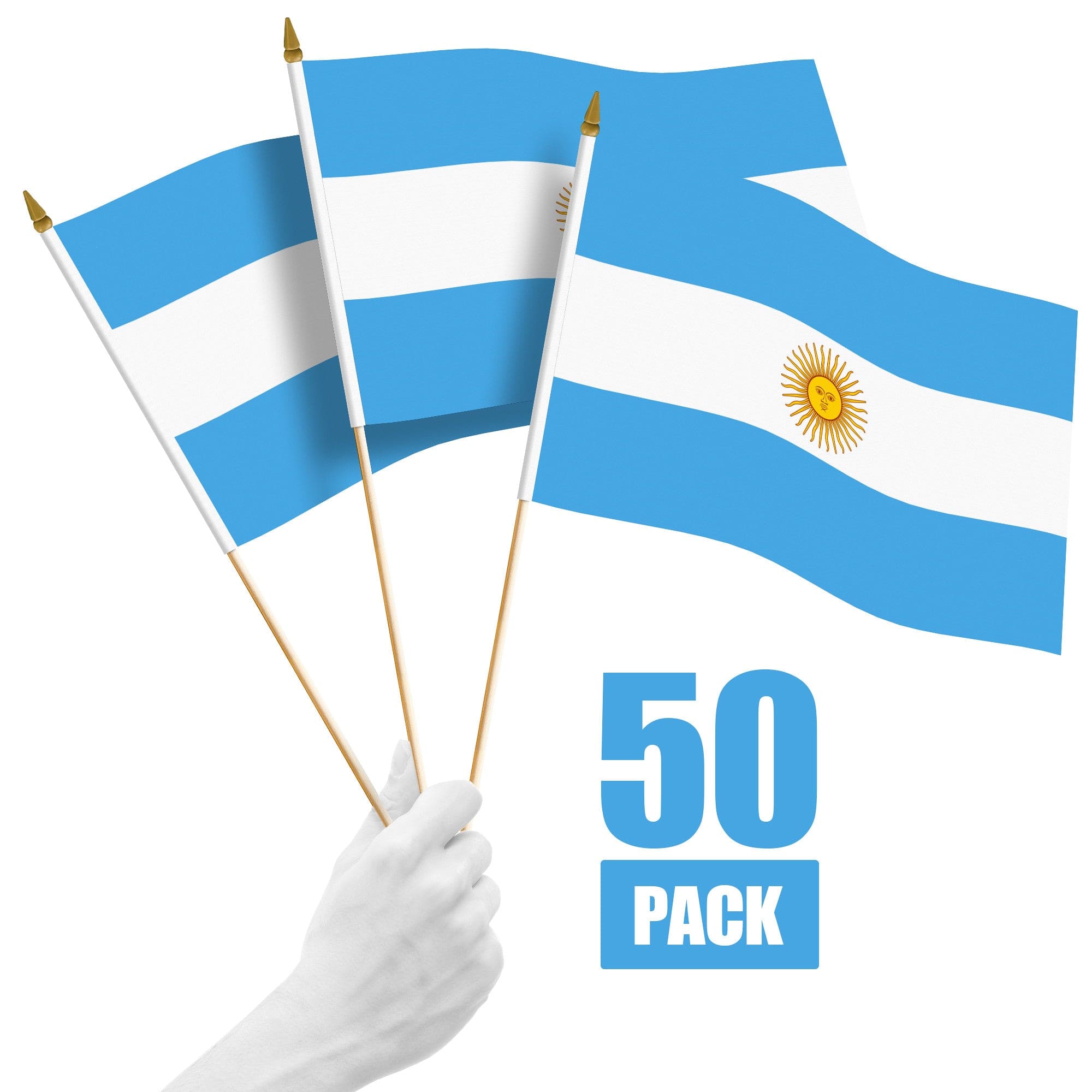 G128 - 50-Pack Handheld Argentina Stick Flags, 12 x 18 in, 150D Polyester, Wooden Pole with Gold Spear - Assorted Colors