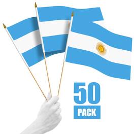G128 - 50-Pack Handheld Argentina Stick Flags, 12 x 18 in, 150D Polyester, Wooden Pole with Gold Spear - Assorted Colors