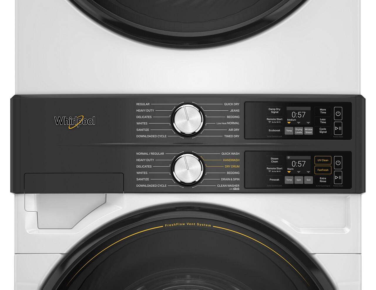 Whirlpool

**Washer:**
- NORMAL / REGULAR
- HEAVY DUTY
- DELICATES
- WHITES
- SANITIZE
- DOWNLOADED CYCLE
- QUICK WASH
- HANDWASH
- DRY DRUM
- BEDDING
- DRAIN & SPIN
- CLEAN WASHER
- Steam Clean
- UV Clean
- Remote Start
- Presoak
- Temp
- Spin
- Soil
- Extra Rinse
- FanFresh
- 0:57
- More Time Less Time
- Cycle Signal
- Remote Start
- EcoBoost
- Damp Dry Signal
- Wrinkle Shield
- Drying Levels

**Dryer:**
- REGULAR
- HEAVY DUTY
- DELICATES
- WHITES
- SANITIZE
- DOWNLOADED CYCLE
- QUICK DRY
- JEANS
- BEDDING
- Low Heat NORMAL
- AIR DRY
- TIMED DRY
- Damp Dry Signal
- Remote Start
- Medium
- 0:57
- More Time Less Time
- Cycle Signal
- EcoBoost
- Drying