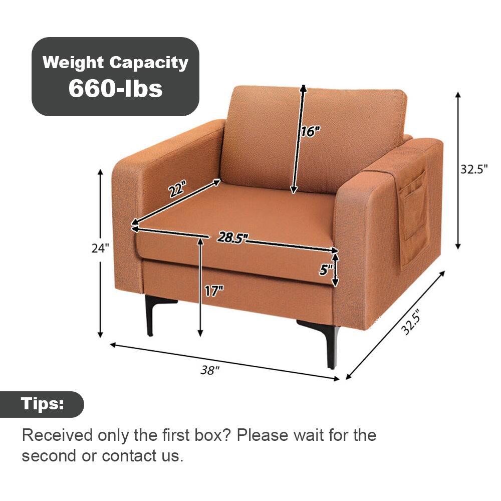 Weight Capacity: 660-lbs

Dimensions:
- Height: 32.5"
- Width: 38"
- Depth: 24"
- Seat Height: 16"
- Seat Depth: 22"
- Armrest Height: 28.5"
- Armrest Width: 17"
- Back Height: 5"

Tips:
Received only the first box? Please wait for the second or contact us.