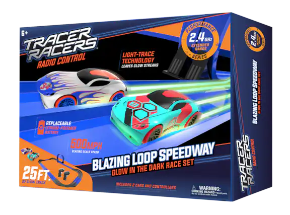 **Tracer Racers Radio Control**
- **Performance 2.4 GHz Extended Range Series**
- **Light-Trace Technology Leaves Glow Streaks**
- **Replaceable Lithium-Polymer Battery**
- **500 MPH Blazing Scale Speed**
- **25 FT. of Glow Track**
- **Includes 2 Cars and Controllers**
- **Warning: Choking Hazard - Small parts. Not for children under 3 years.**
**Blazing Loop Speedway Glow in the Dark Race Set**