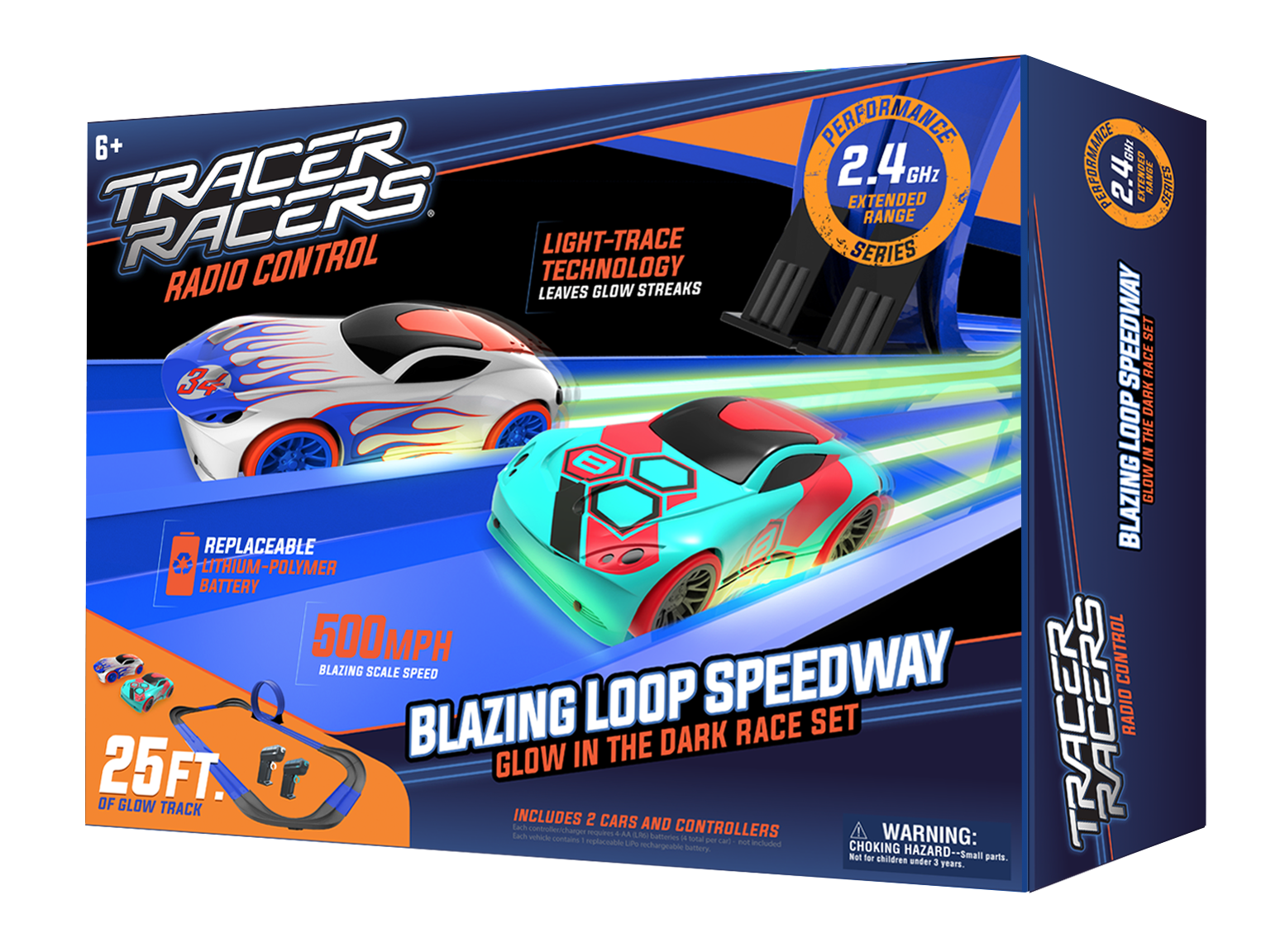 **Tracer Racers Radio Control**

- **Performance 2.4 GHz Extended Range Series**
- **Light-Trace Technology Leaves Glow Streaks**
- **Replaceable Lithium-Polymer Battery**
- **500 MPH Blazing Scale Speed**
- **25 FT. of Glow Track**
- **Includes 2 Cars and Controllers**
- **Warning: Choking Hazard - Small parts. Not for children under 3 years.**

**Blazing Loop Speedway Glow in the Dark Race Set**