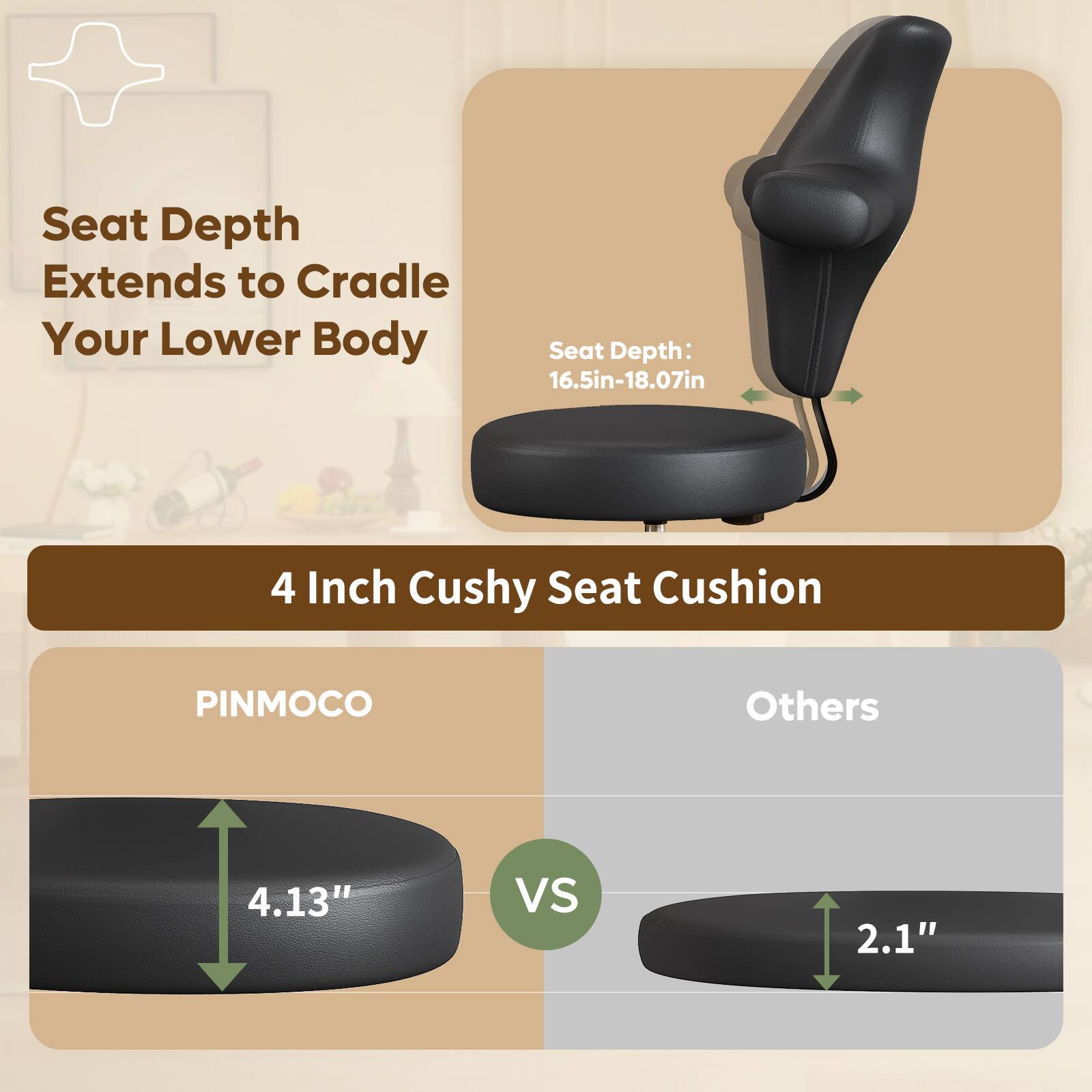 Seat Depth Extends to Cradle Your Lower Body  
Seat Depth: 16.5in-18.07in  

4 Inch Cushy Seat Cushion  

PINMOCO  
4.13"  

Others  
2.1"