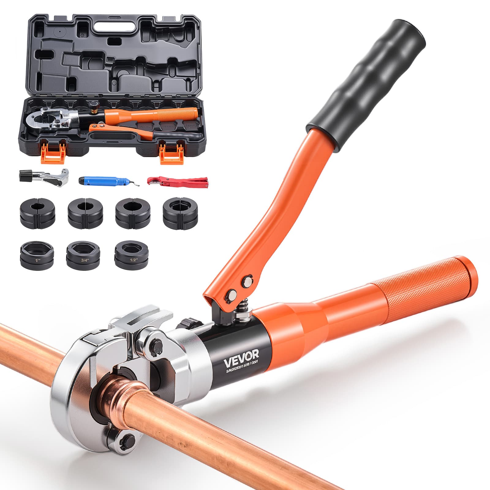 VEVOR - Copper Pipe Crimping Tool, Hydraulic Driven Pro Press Tool with 1/2", 3/4", 1" Jaws for Copper Tube - Black,Orange