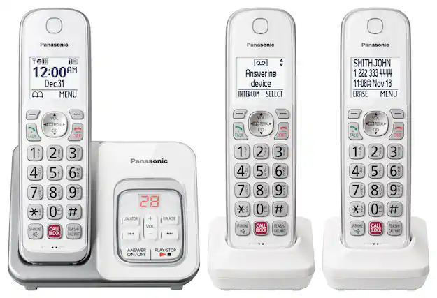 Panasonic Panasonic Panasonic El 1 12:00 AM Dec.31 MENU Answering device INTERCOM SELECT SMITH.JOHN 1-222-333-4444 11:08A Nov. 18 ERASE MENU TALK 1 4 GHI 7 PORS * A SP-PHONE A - VOL REDIAL CID OFF 2 ABC 3 OEF 5 JKL 6 MNO 8 TUV 9 WXYZ 0 1R # CALL FLASH/ BLOCK CALL WAIT
