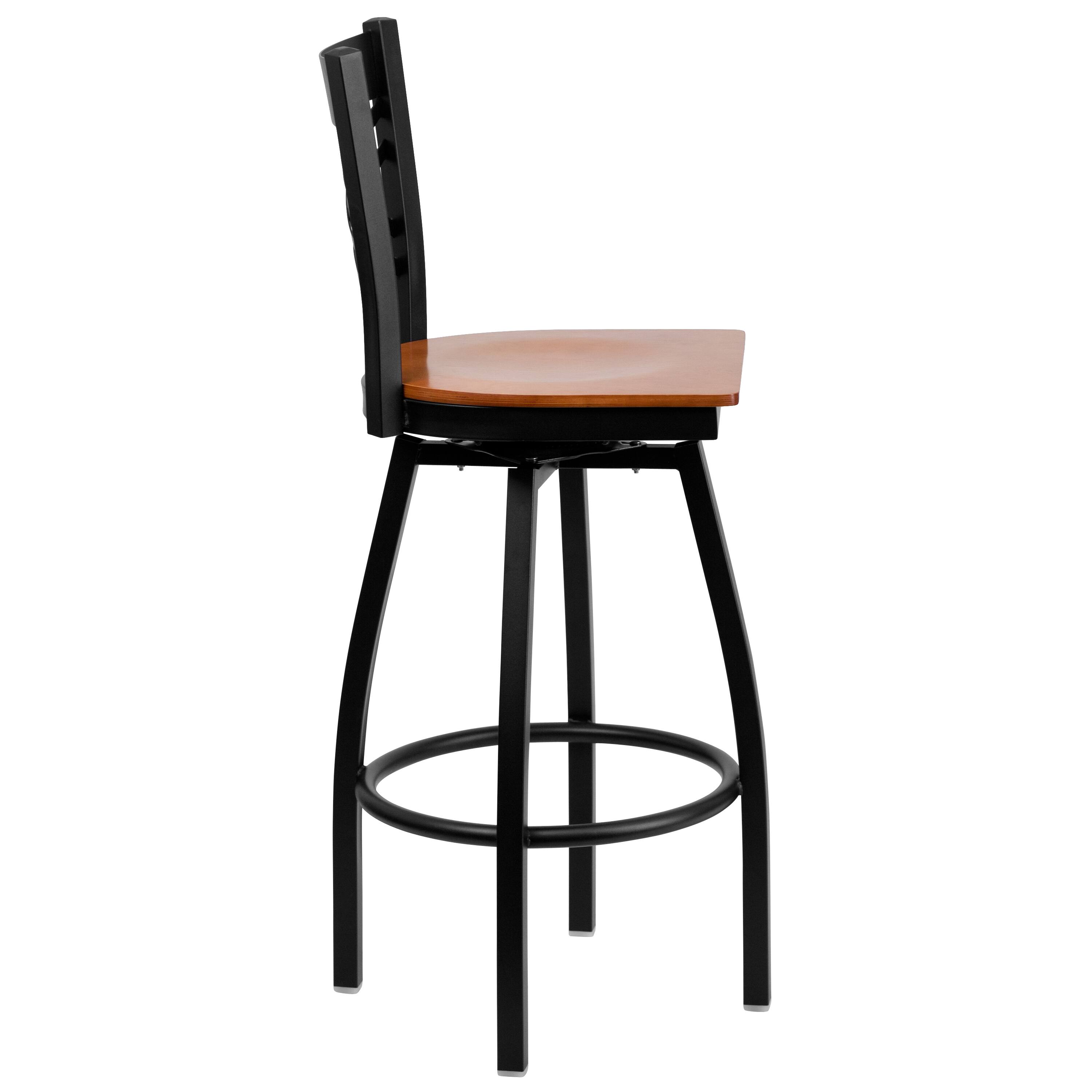 Alt View 4. Emma + Oliver - "X" Back Swivel Metal Restaurant Dining Barstool - Cherry Wood Seat/Black Metal Frame.