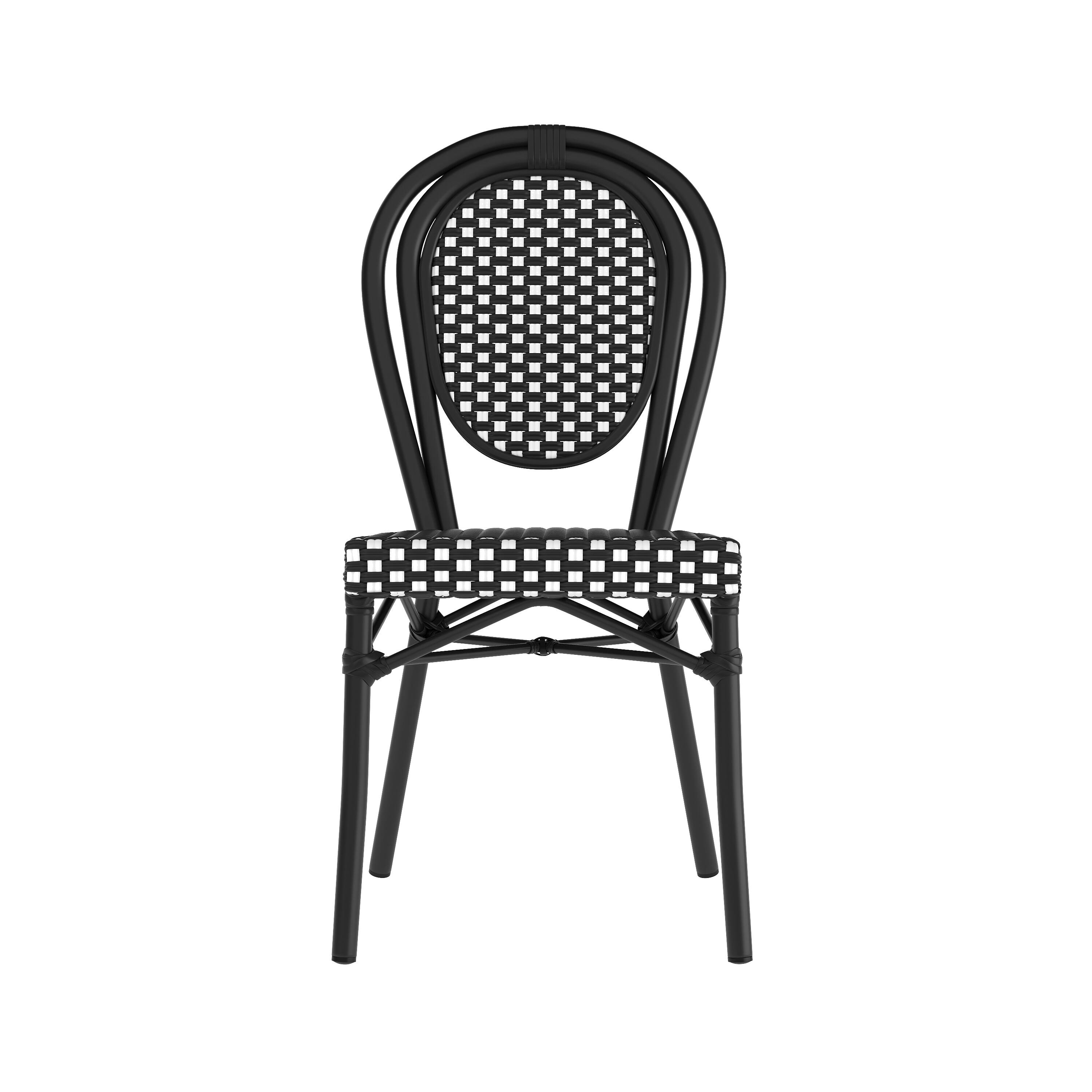 Alt View 9. Emma + Oliver - Colmar Set of Four Indoor/Outdoor Stacking Thonet Bistro Style Chairs with PE Rattan Seat and Metal Frame - Black & White/Black Frame.