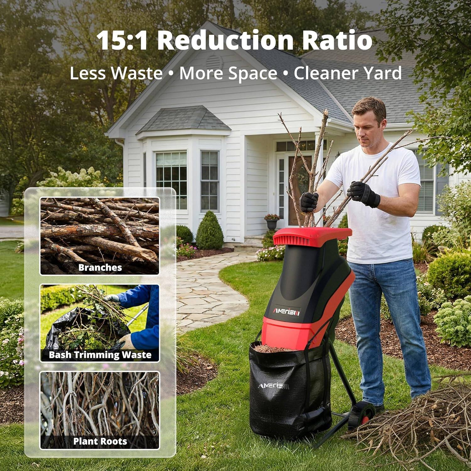 15:1 Reduction Ratio  
Less Waste • More Space • Cleaner Yard  

Branches  
Bash Trimming Waste  
Plant Roots