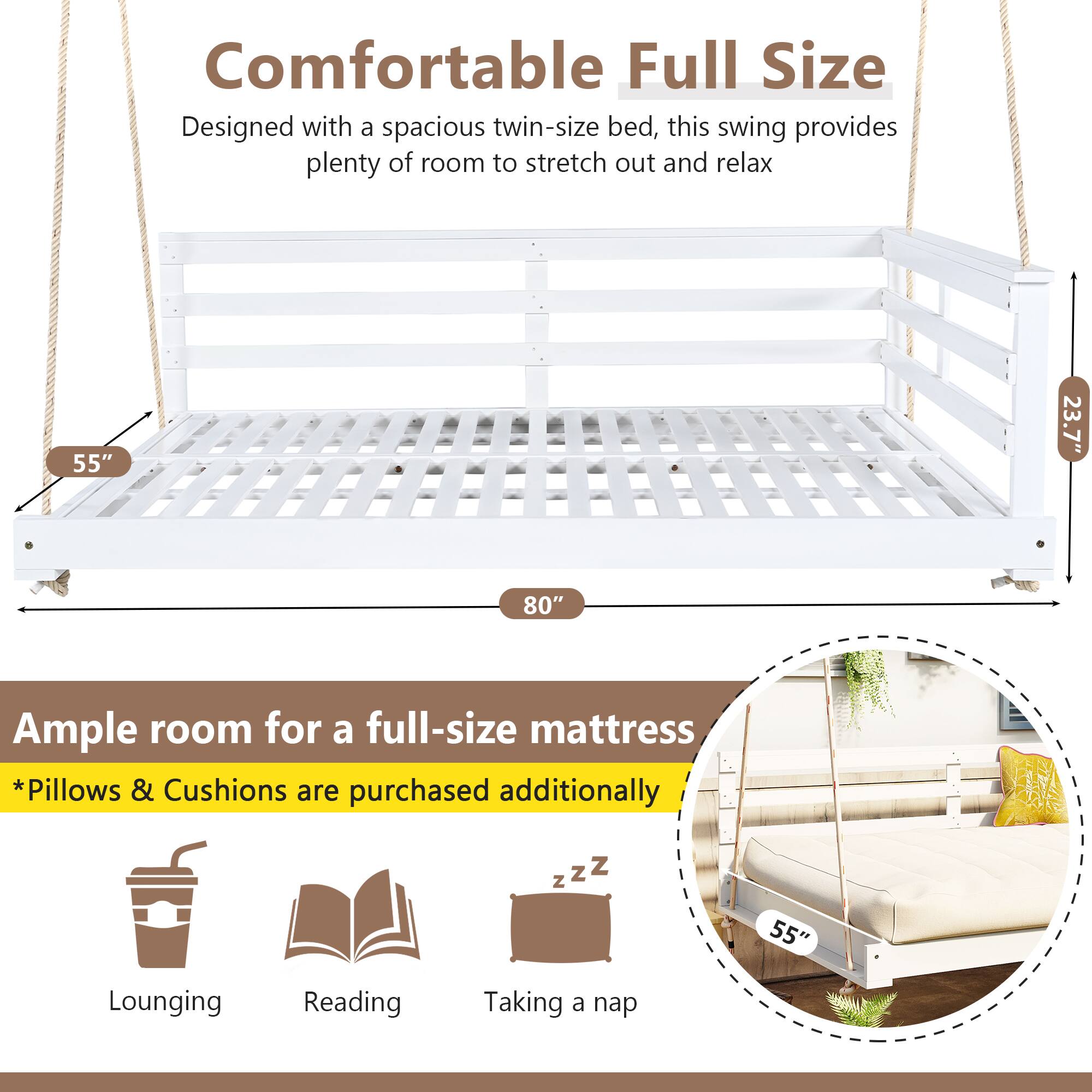 Comfortable Full Size  
Designed with a spacious twin-size bed, this swing provides plenty of room to stretch out and relax  

55"  
23.7"  
80"  

Ample room for a full-size mattress  
*Pillows & Cushions are purchased additionally  

Lounging  
Reading  
Taking a nap