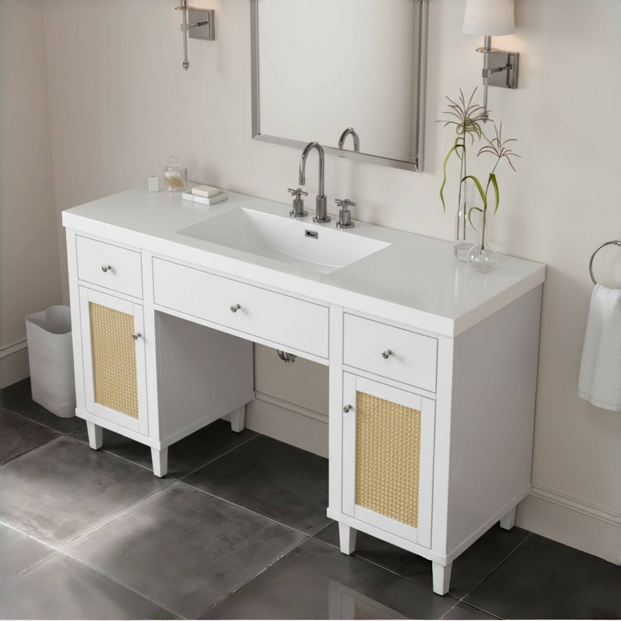 Back. Loheer - 5 ft White Bathroom Vanity with SMC Sink, Soft-Close Drawers, Tip-Out Tray, Spacious Storage - White.