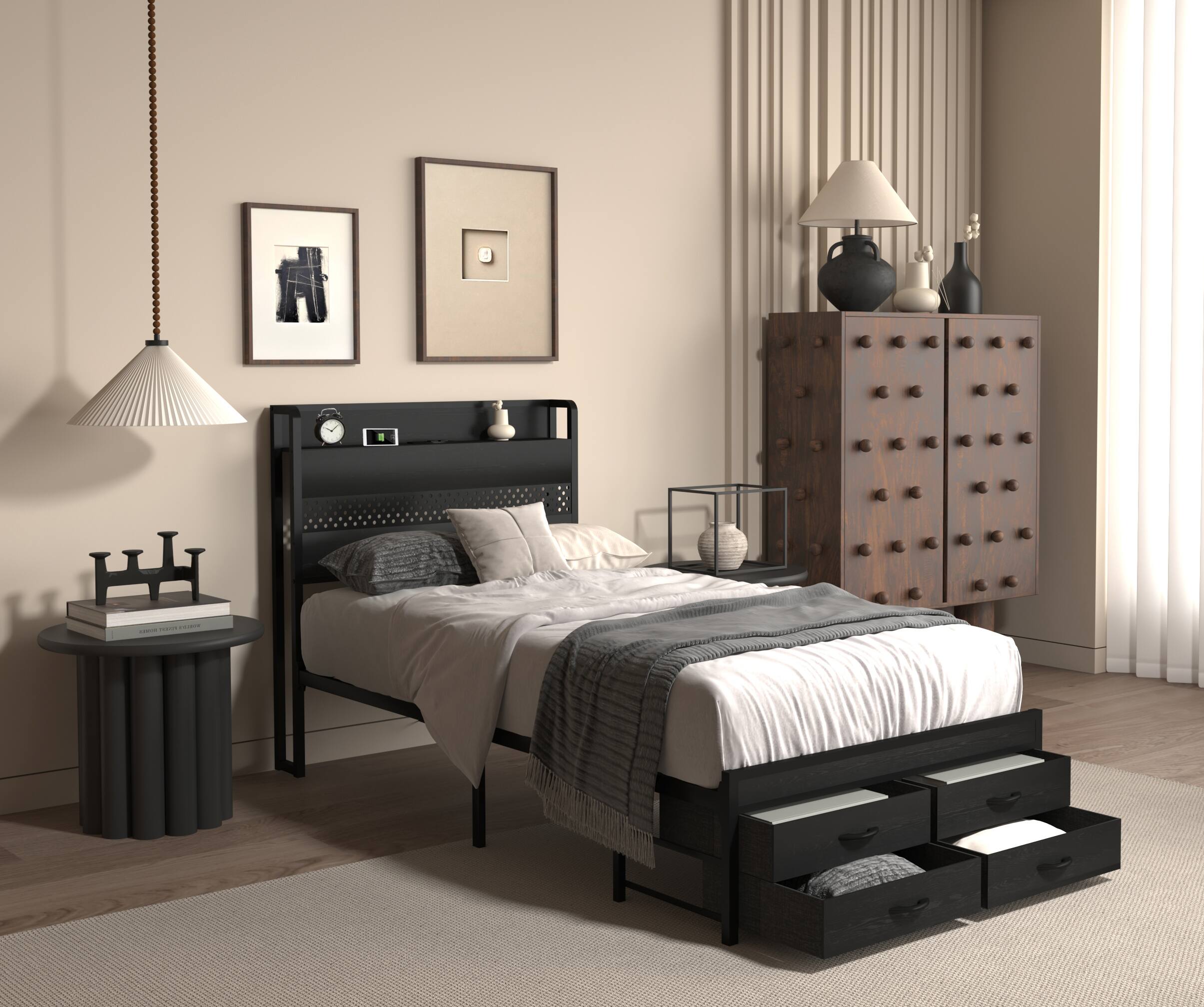 LUCKY ONE - Twin Size Bed Frames with Storage Drawers - Black
