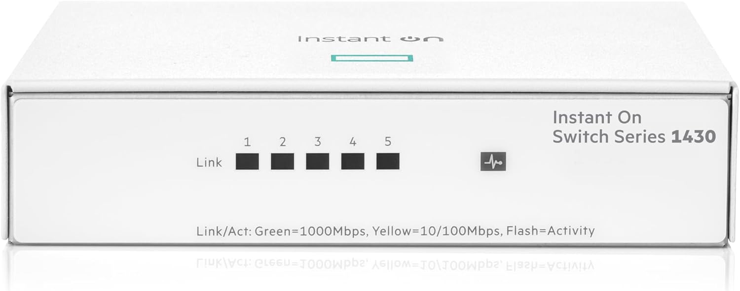 Instant On
Switch Series 1430
1 2 3 4 5
Link: Green=1000Mbps, Yellow=10/100Mbps, Flash=Activity
Link/Act: Green=1000Mbps, Yellow=10/100Mbps, Flash=Activity