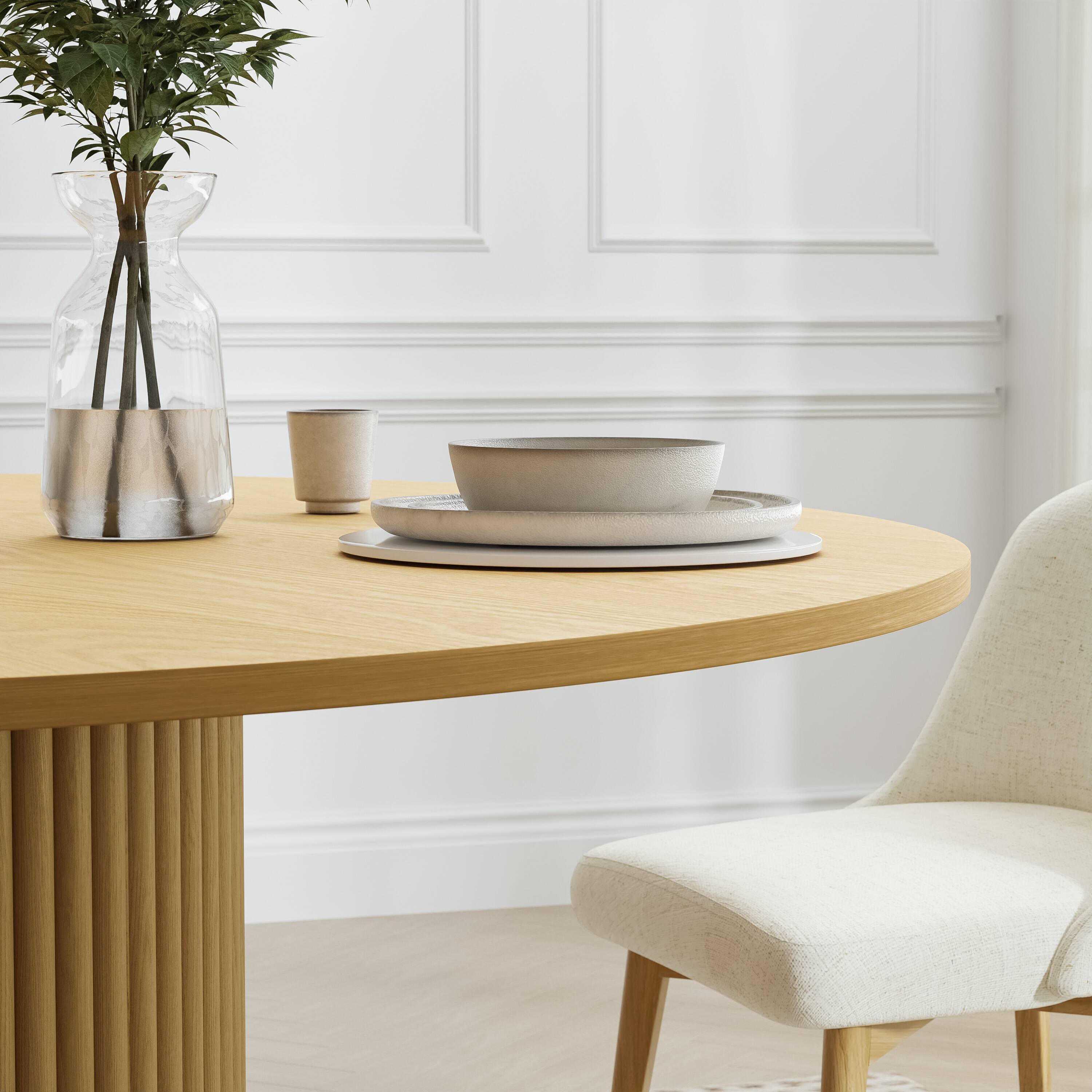 Alt View 4. PexFix - Minimalist Farmhouse Clean Edge Round Solid Oak 46 in. Wide Ribbed Base Kitchen & Dining Table Seats 4 - Natural.