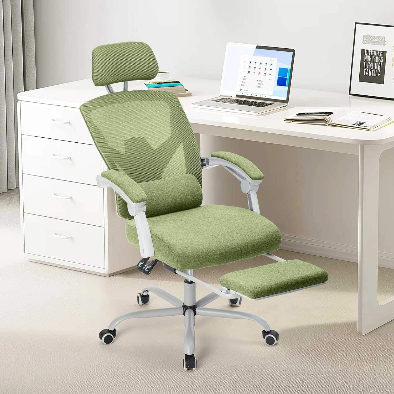 Hirose Alice - Ergonomic Office Computer Desk Chair with Lumbar Pillow and Retractable Footrest, High-Back Mesh Rolling Sw - Green