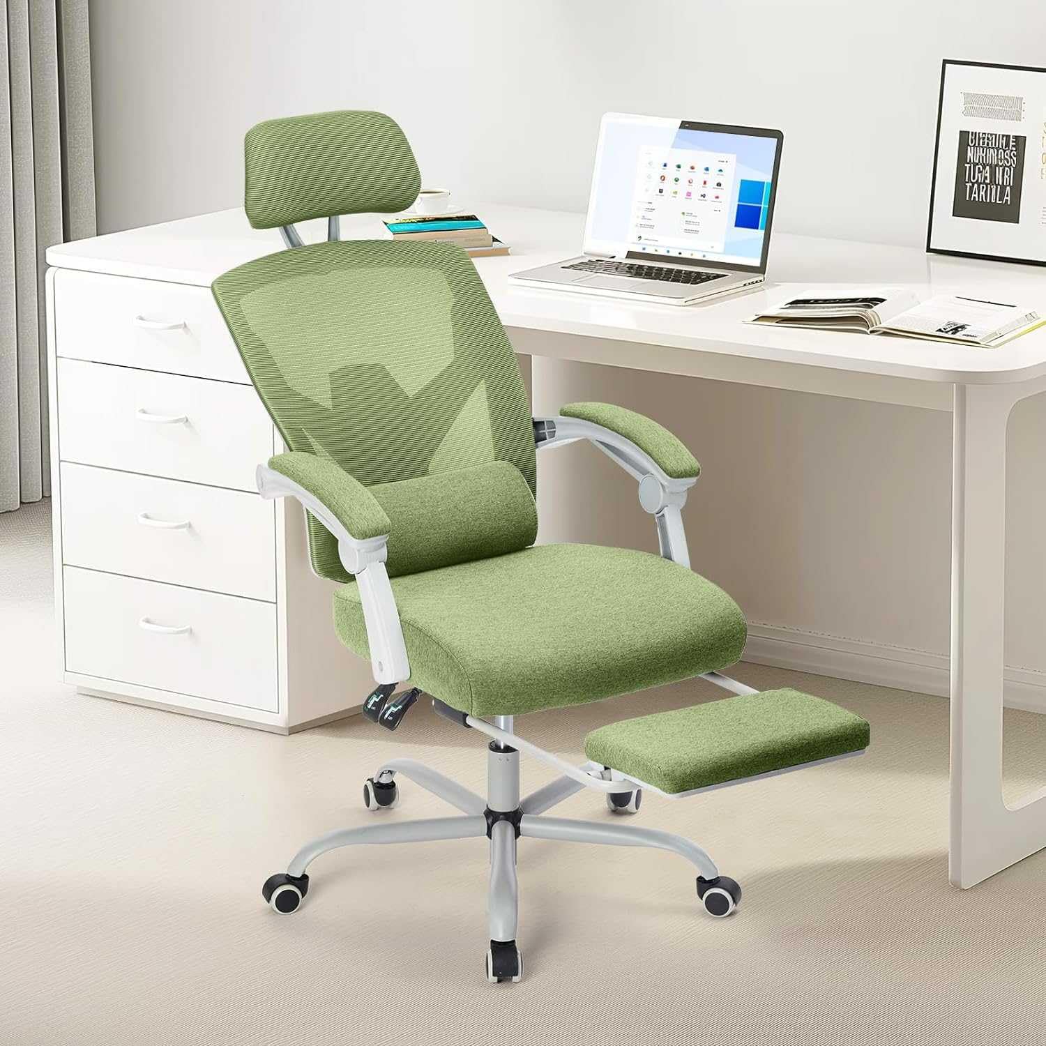 Hirose Alice - Ergonomic Office Computer Desk Chair with Lumbar Pillow and Retractable Footrest, High-Back Mesh Rolling Sw - Green