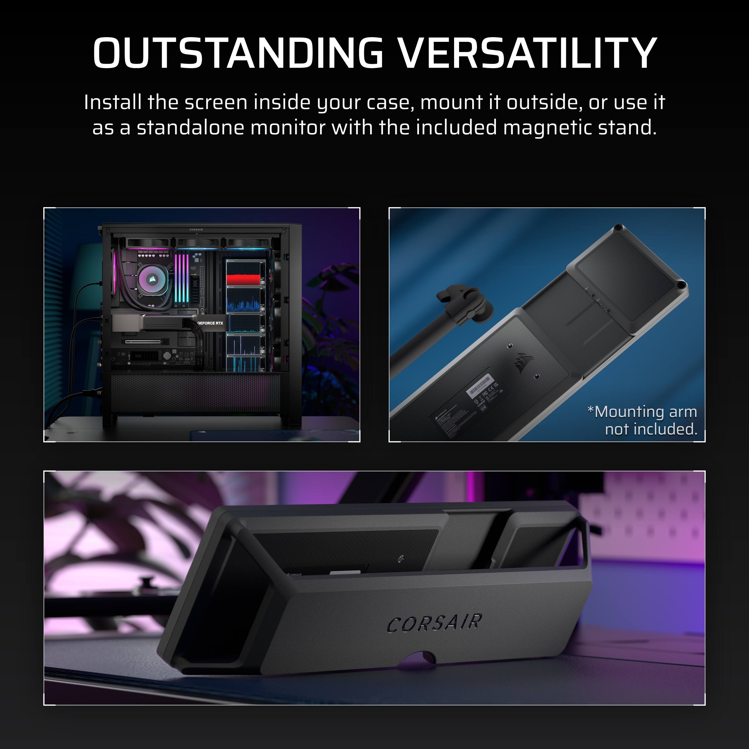 The image features a Corsair monitor with a magnetic stand, which allows for versatile use. The monitor can be installed inside a case, mounted outside, or used as a standalone monitor. The image also includes a keyboard and mouse, which can be used with the monitor for a complete computer setup. The text emphasizes the versatility of the monitor and its stand, providing multiple options for installation and use.
