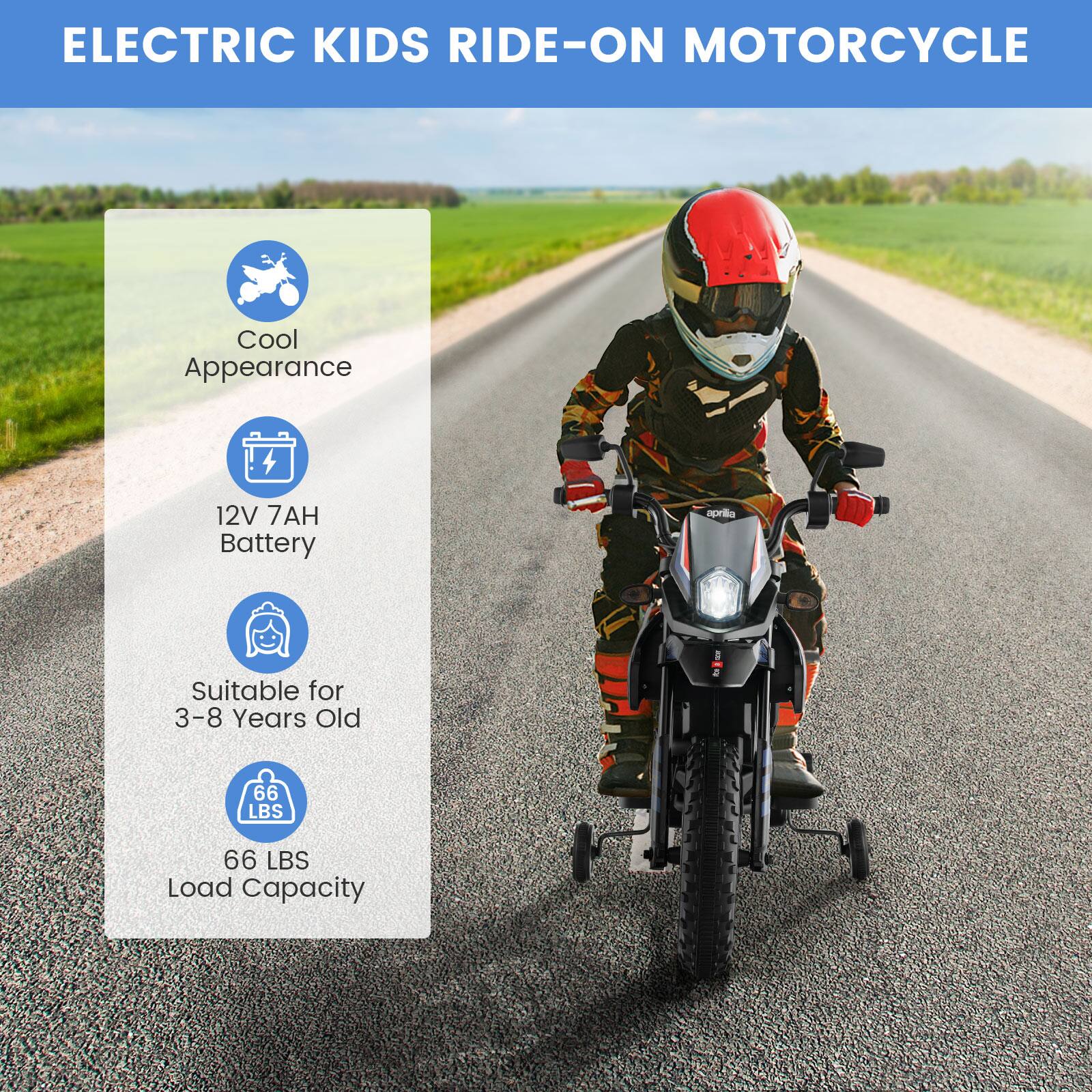 ELECTRIC KIDS RIDE-ON MOTORCYCLE

- Cool Appearance
- 12V 7AH Battery
- Suitable for 3-8 Years Old
- 66 LBS Load Capacity